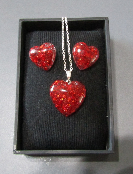 Medium Heart Pendant and Stud Earring set - Holographic Deep Red