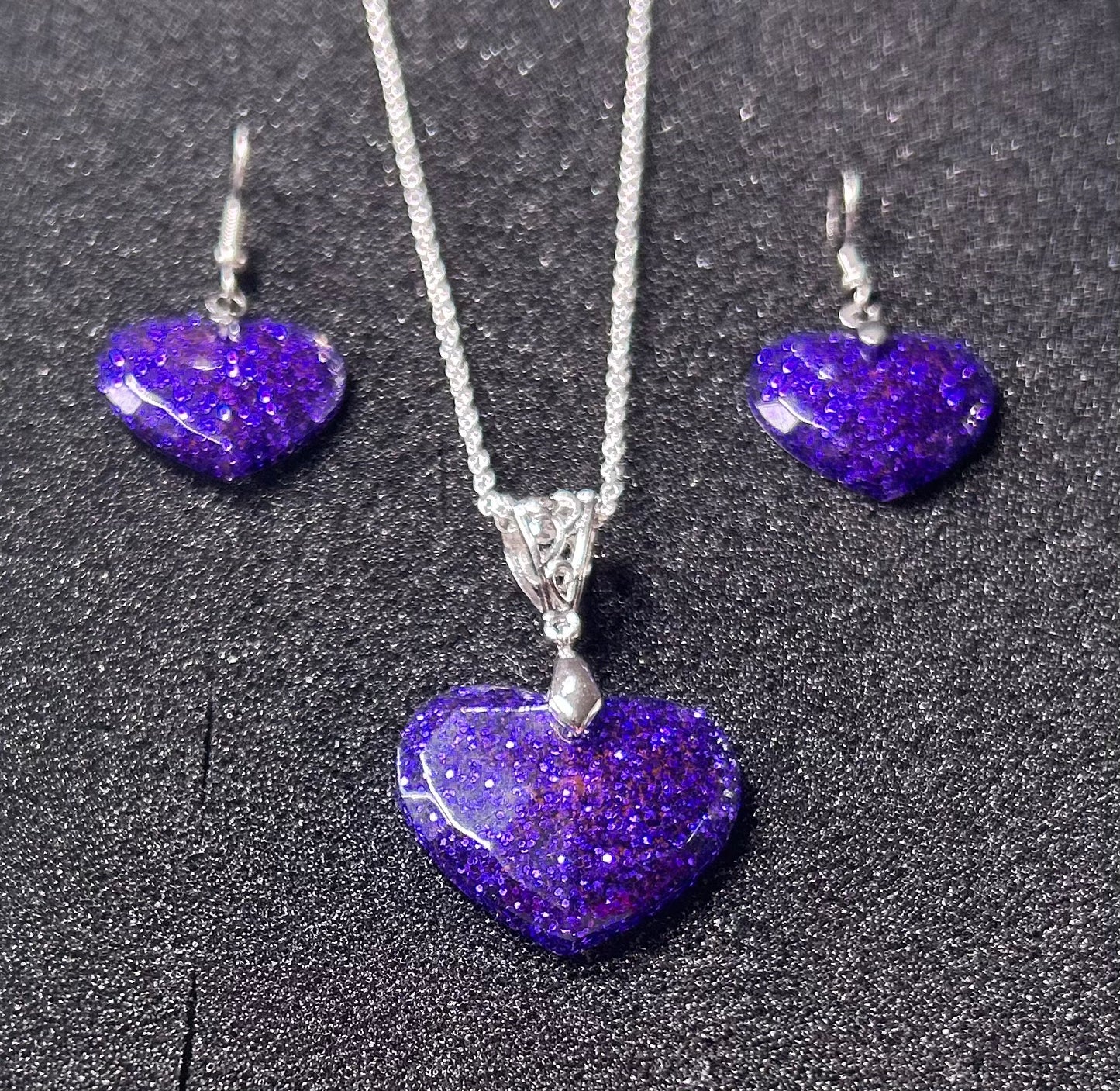 Medium Faceted Heart Pendant and Earring set - Holographic Purple