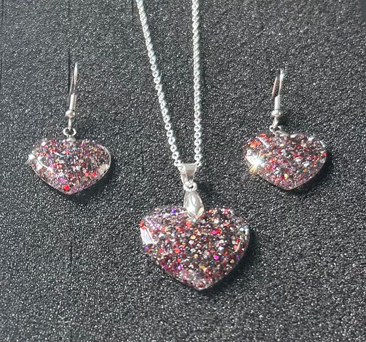Medium Faceted Heart Pendant and Earring set - Holographic Galaxy