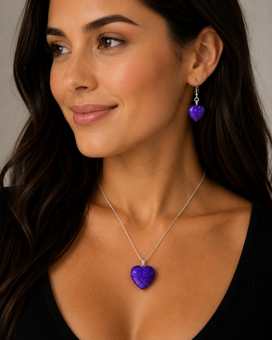 Large Heart Pendant and Earring set - Holographic Purple