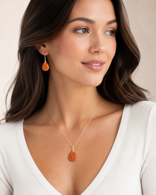 Medium Oval/Teardrop Pendant and Drop Earring set - Orange Glitter