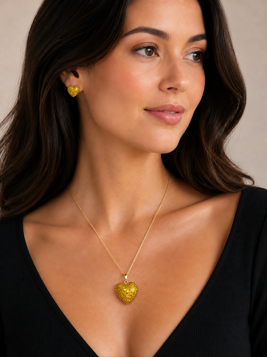 Medium Heart Pendant and Stud Earring set - Holographic Gold colour