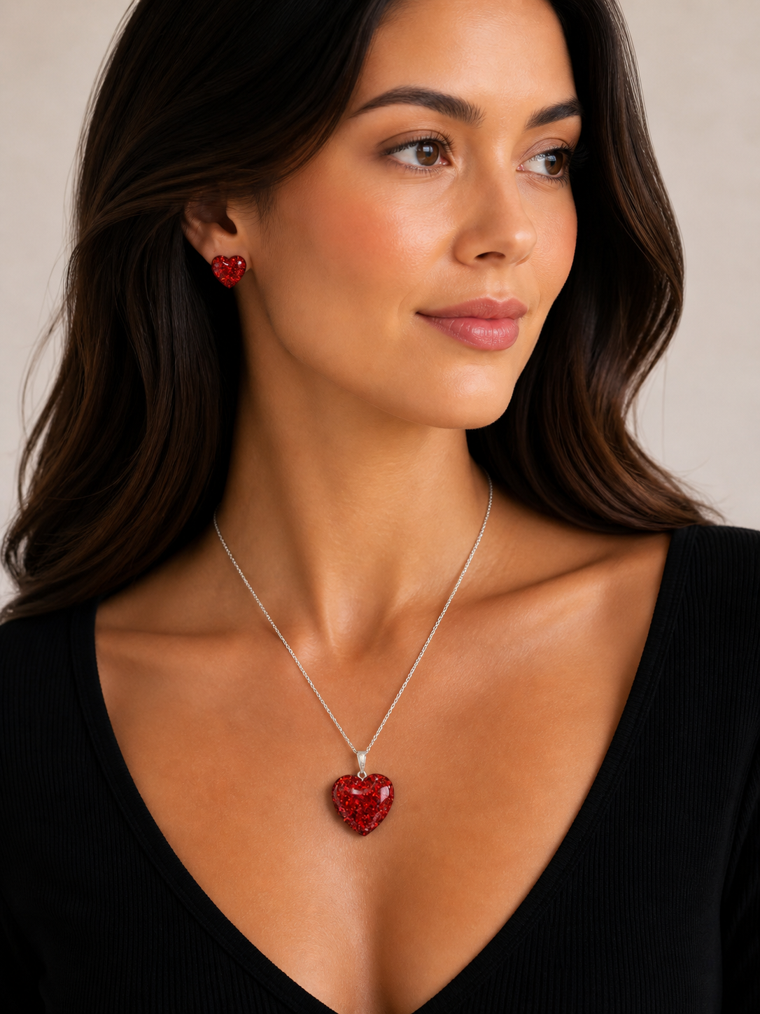 Medium Heart Pendant and Stud Earring set - Holographic Deep Red
