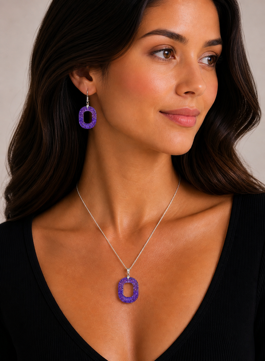 Purple Glitter Oval Necklace & Earring Set