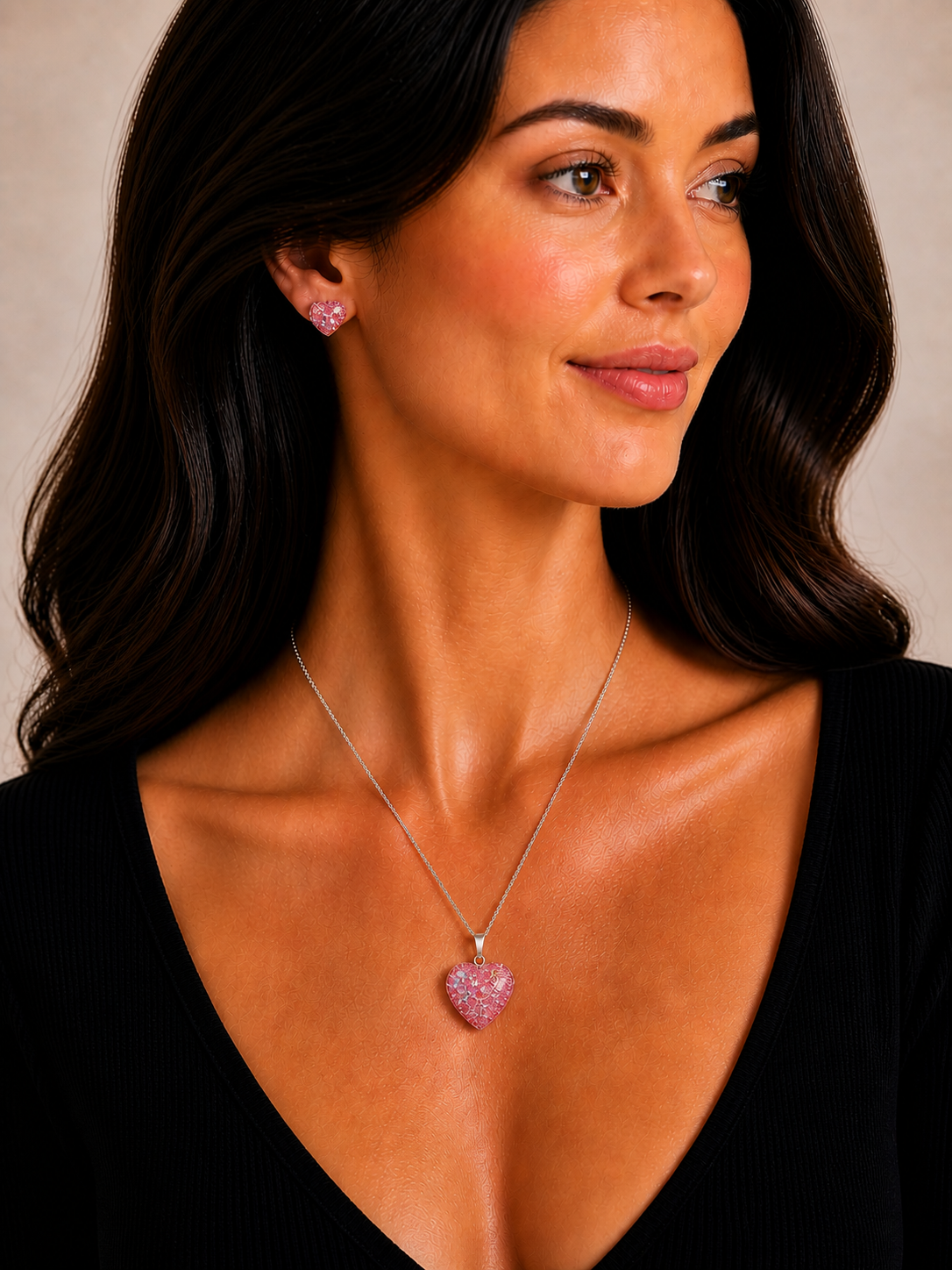 Medium Heart Pendant and Stud Earring set - Holographic Ice Pink