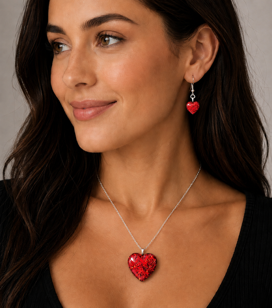 Large Heart Pendant and Earring set - Holographic Ruby Red