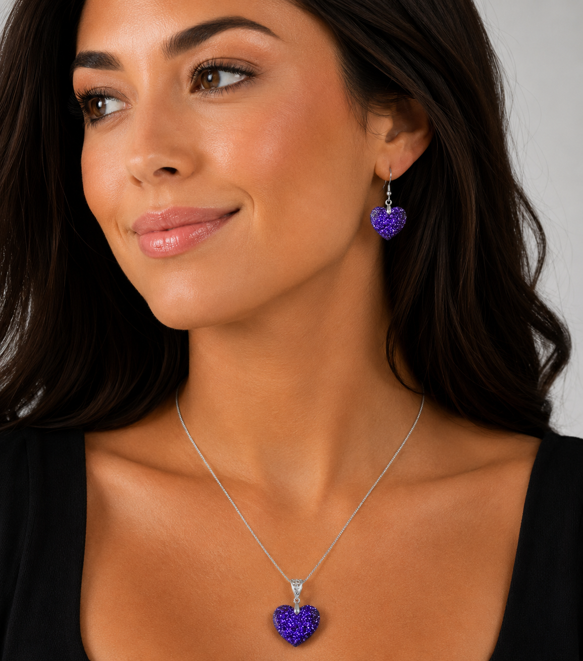 Medium Faceted Heart Pendant and Earring set - Holographic Purple