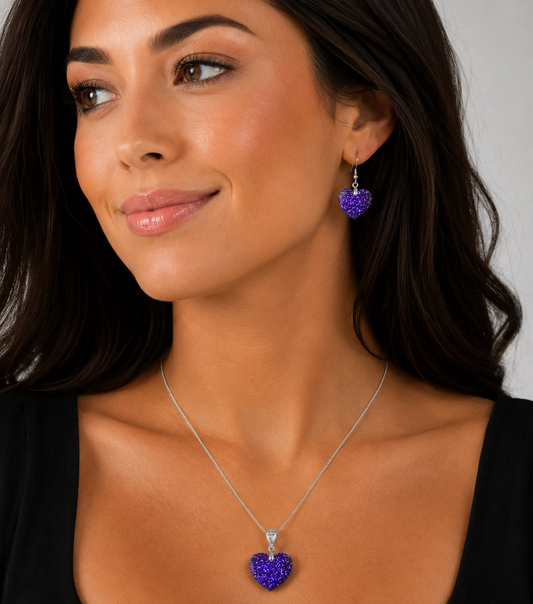 Medium Faceted Heart Pendant and Earring set - Holographic Purple