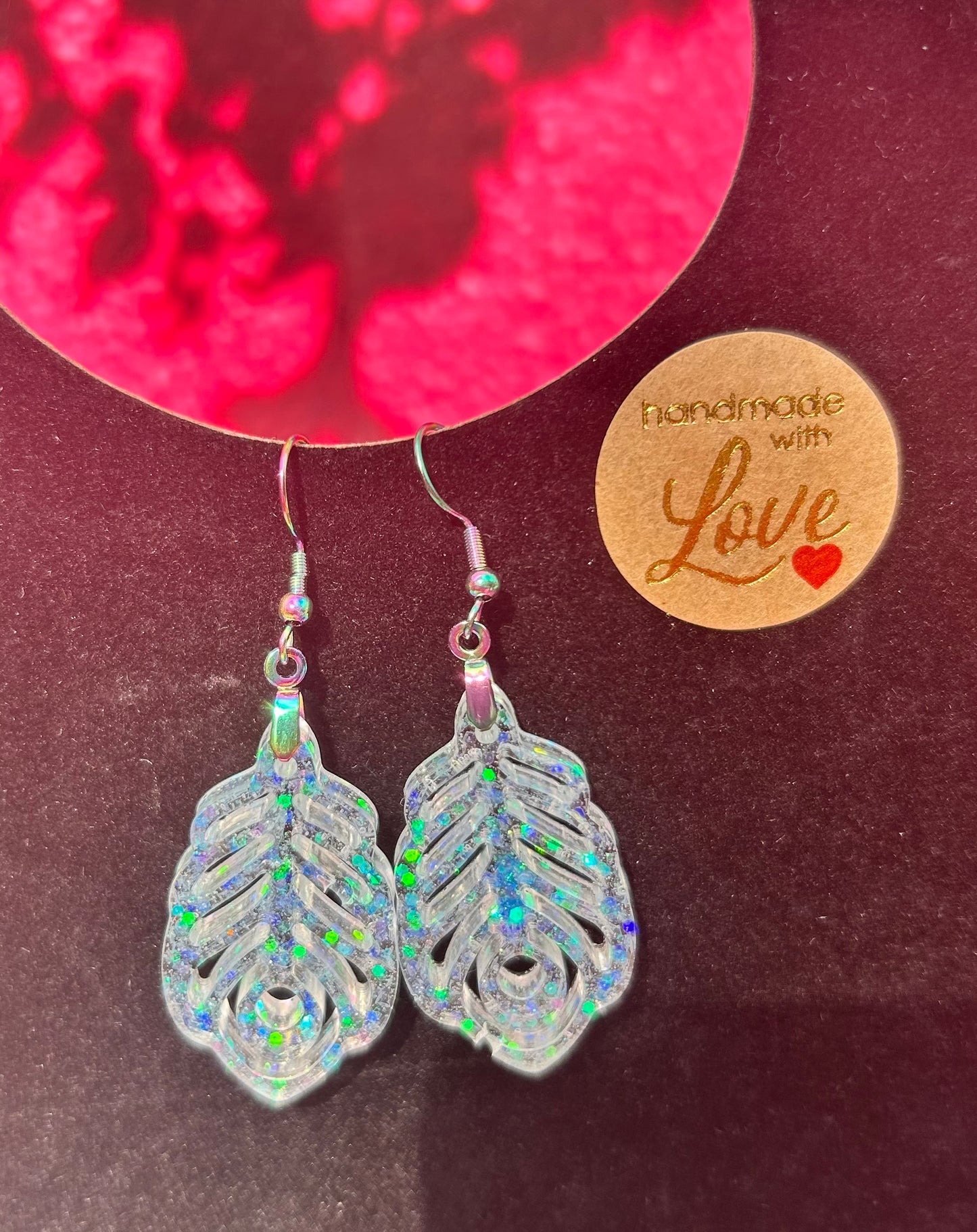 Clear Holographic Peacock Feather Earrings