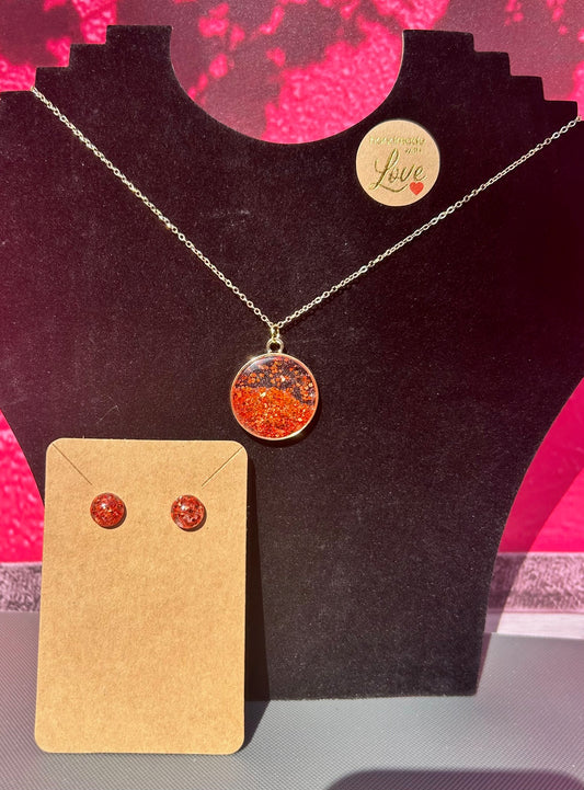 Orange Cosmic Holographic Glitter Pendant & Earrings
