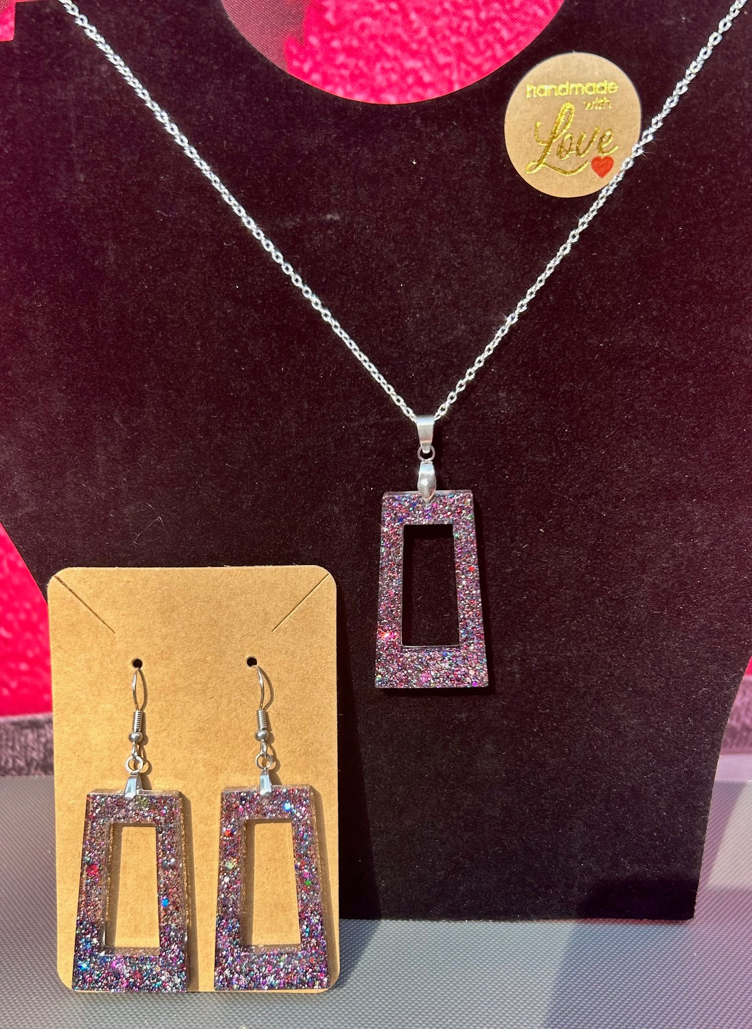 Cosmic Glitter Rectangle Necklace & Earring Set