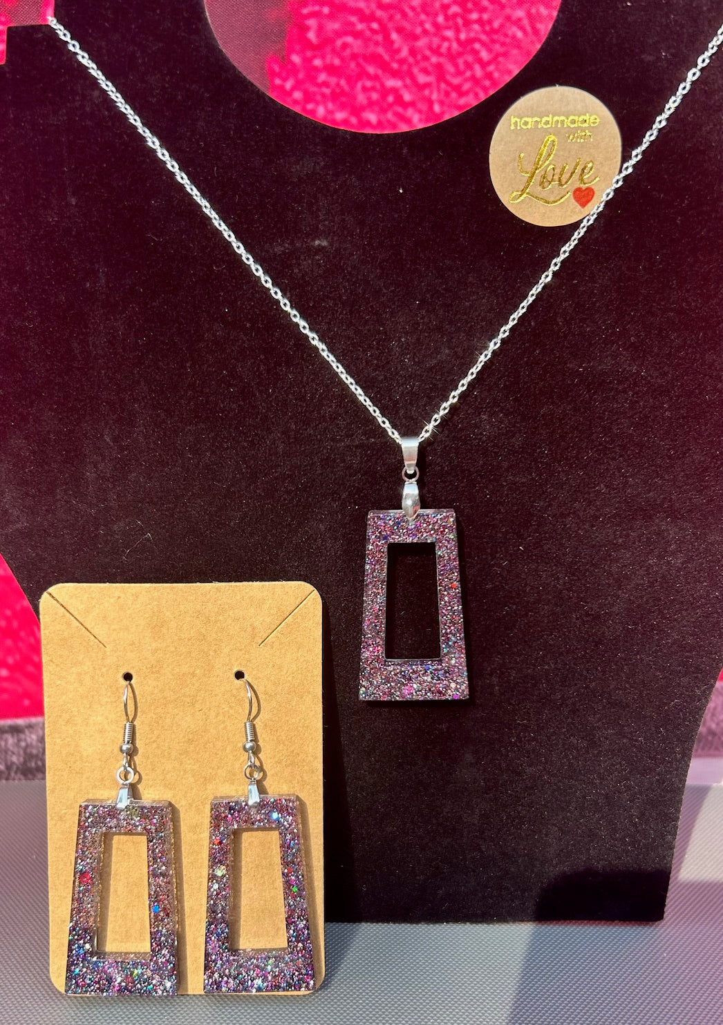 Cosmic Glitter Rectangle Necklace & Earring Set