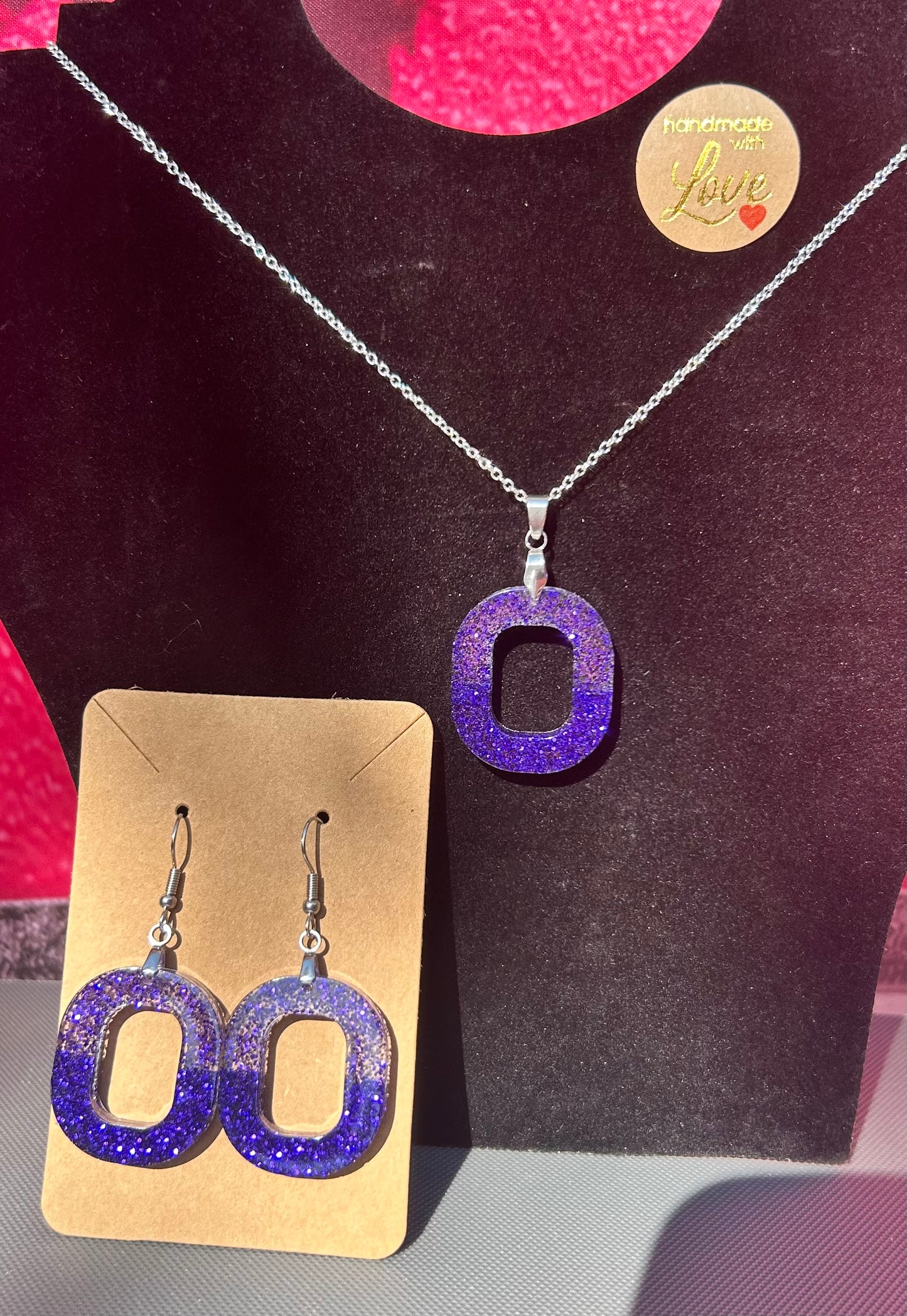 Purple Glitter Oval Necklace & Earring Set