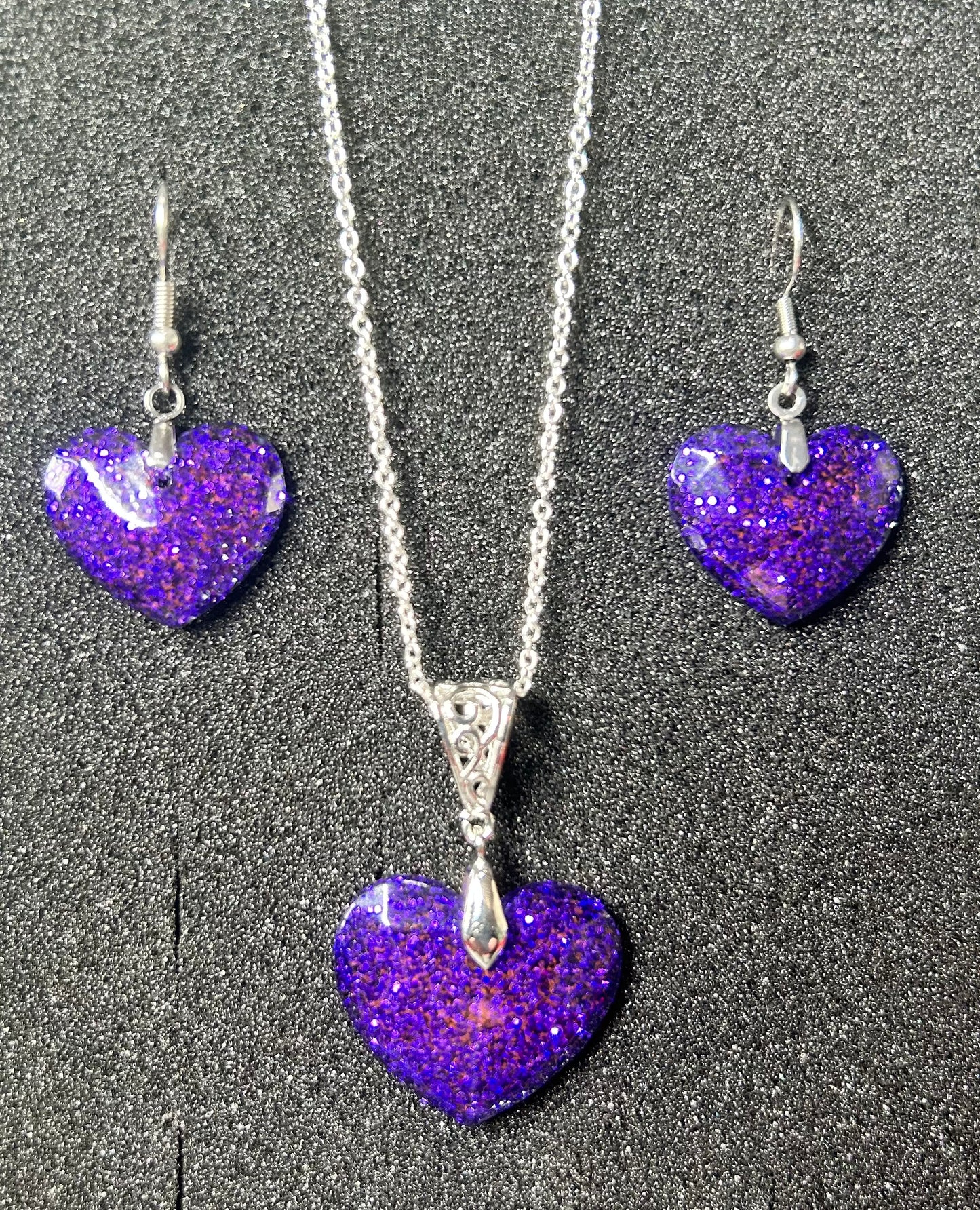 Medium Faceted Heart Pendant and Earring set - Holographic Purple