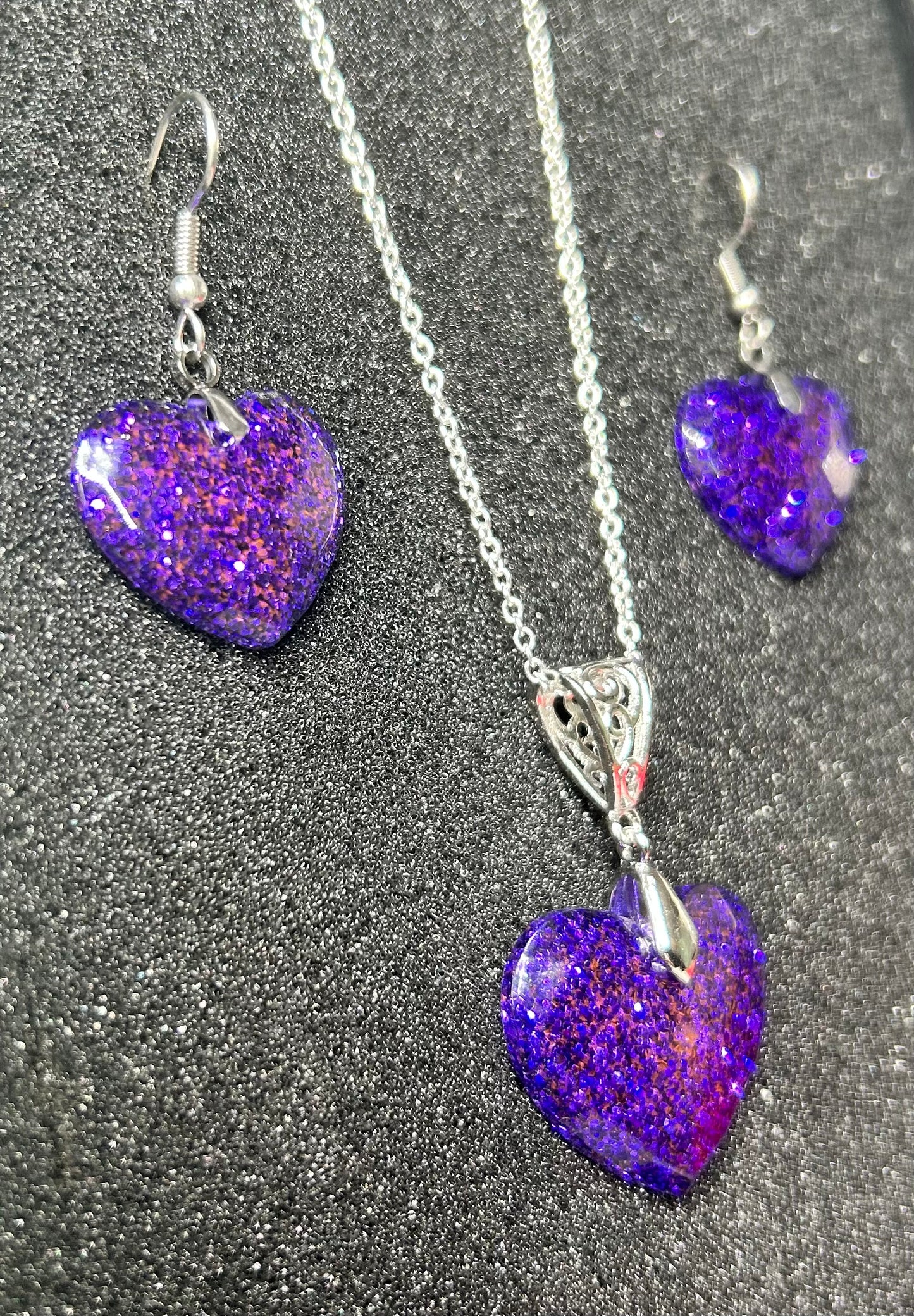 Medium Faceted Heart Pendant and Earring set - Holographic Purple