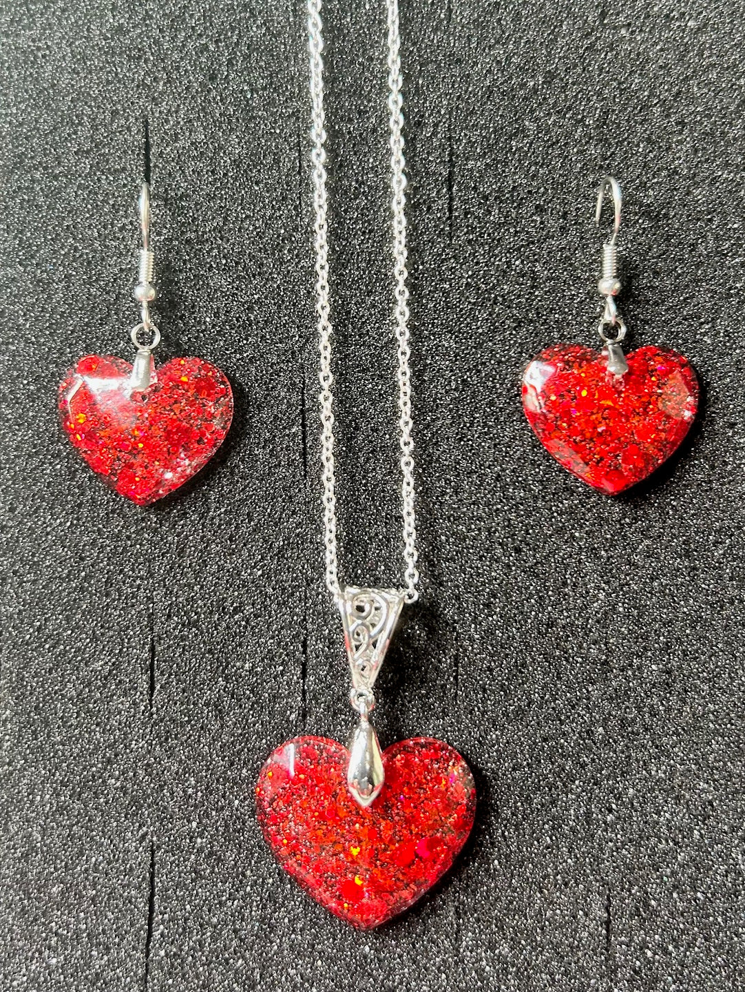 Medium Faceted Heart Pendant and Earring set - Holographic Ruby Red