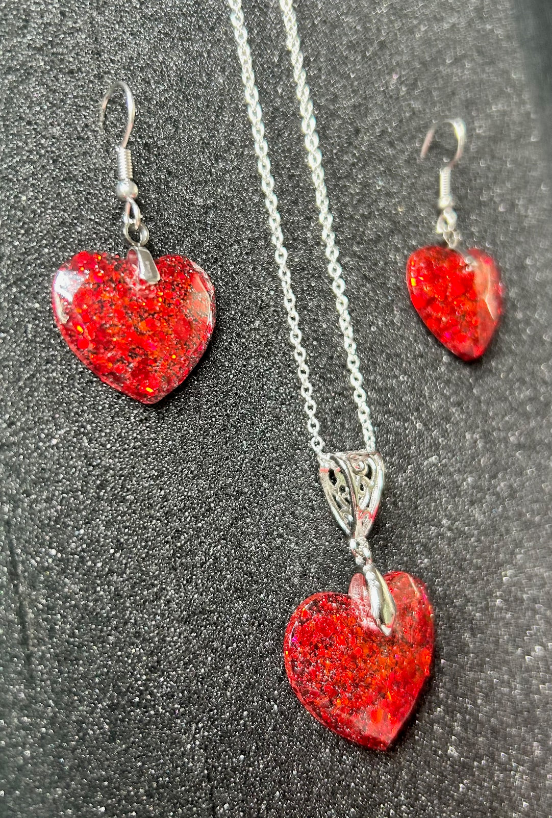 Medium Faceted Heart Pendant and Earring set - Holographic Ruby Red