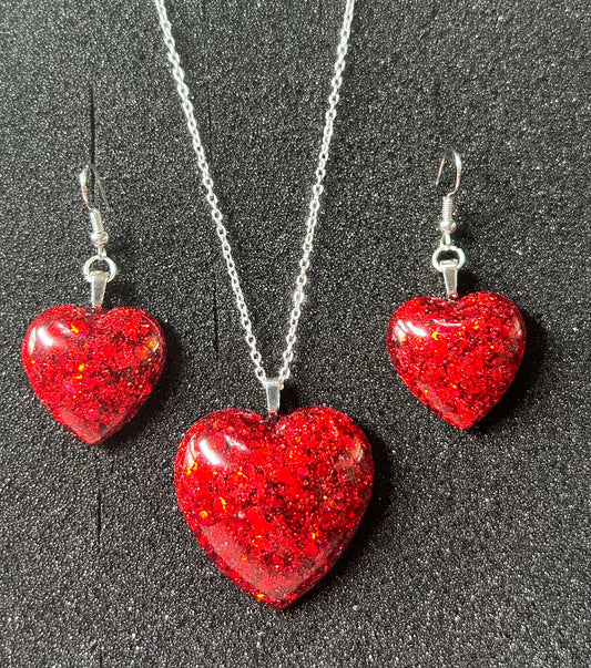 Large Heart Pendant and Earring set - Holographic Ruby Red