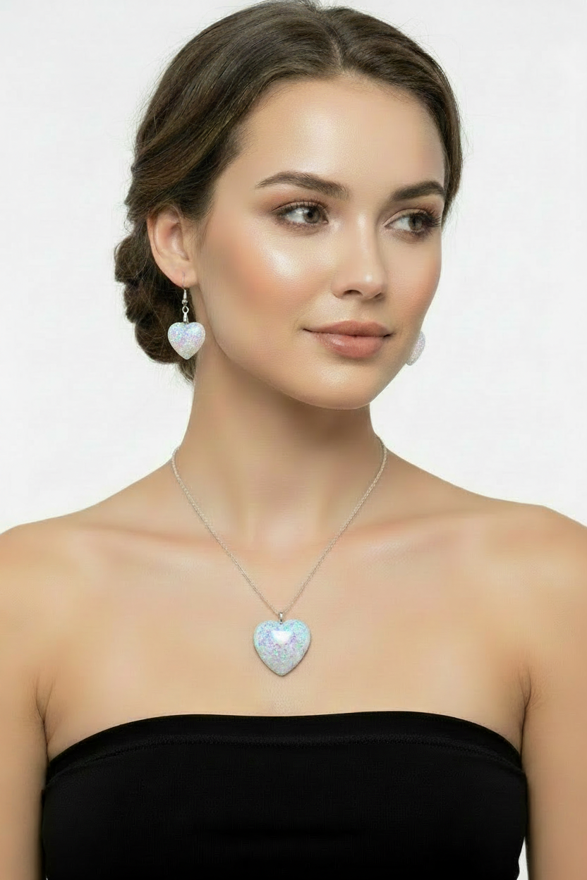 Blue opal glitter heart set on model