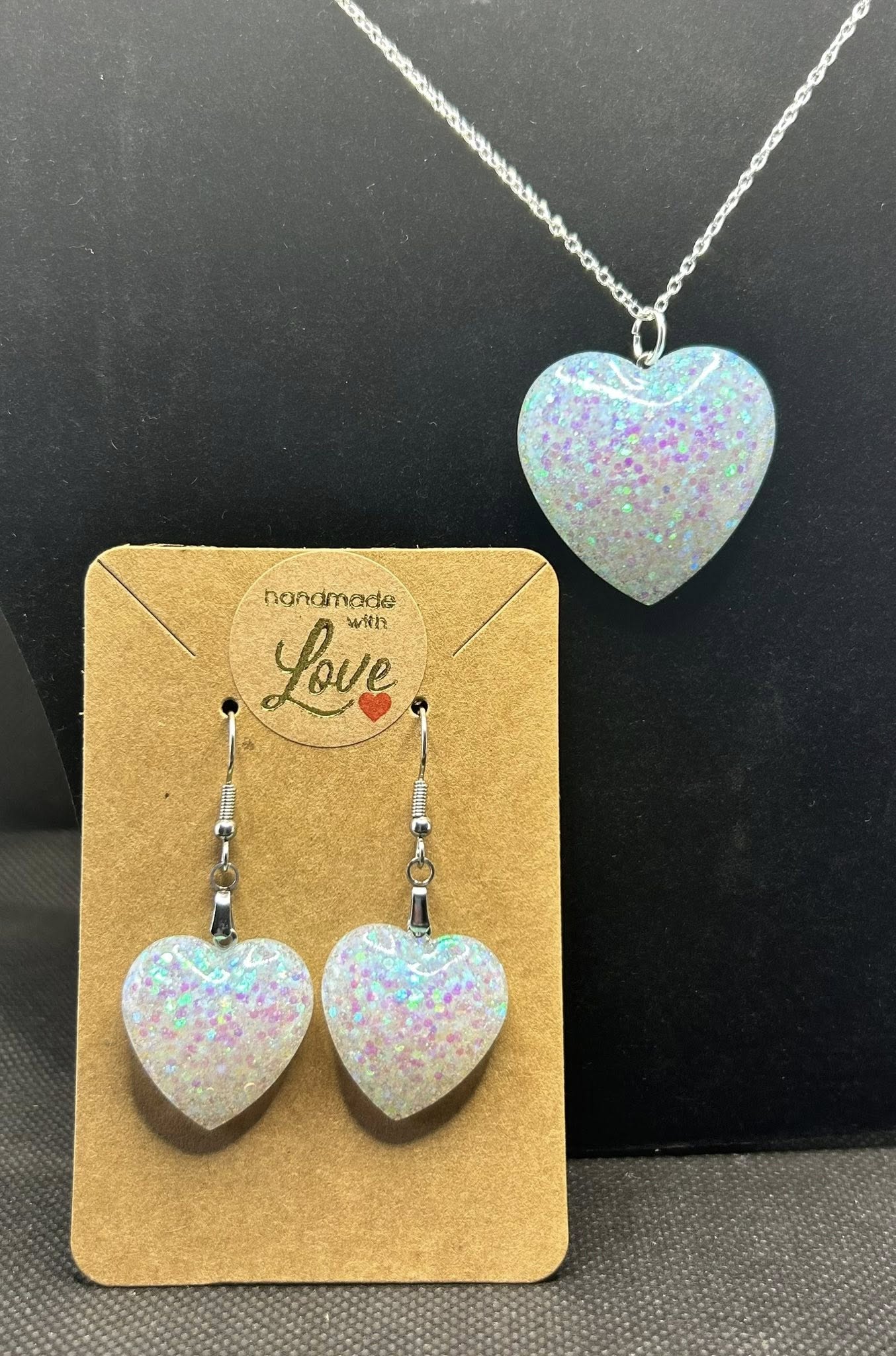 Large Heart Pendant and Earring set - Holographic Ice White