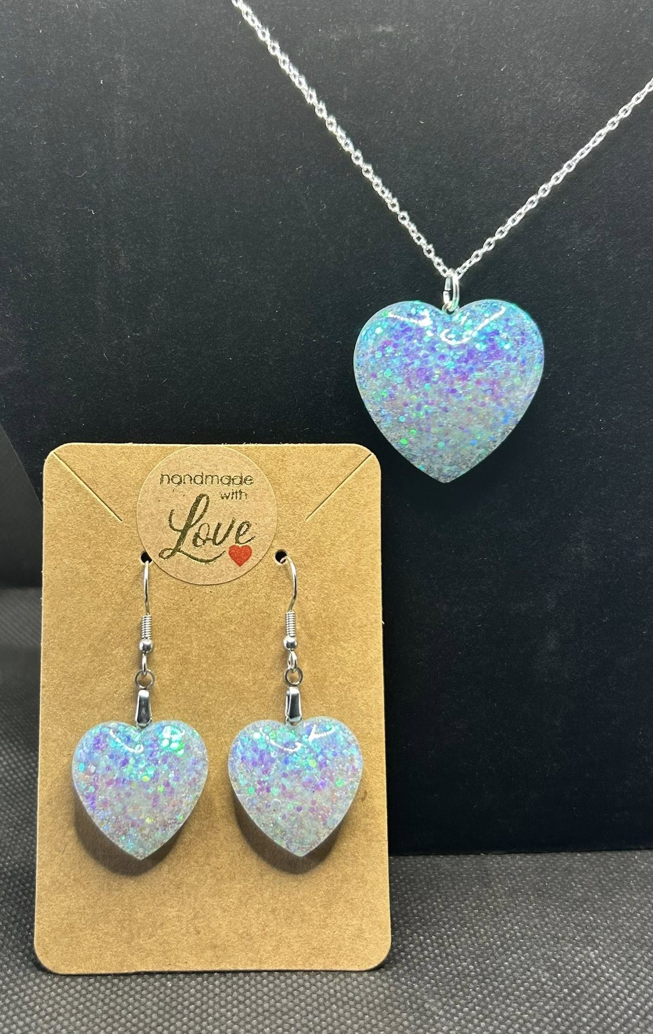 Large Heart Pendant and Earring set - 'Fairy Tears' Holographic