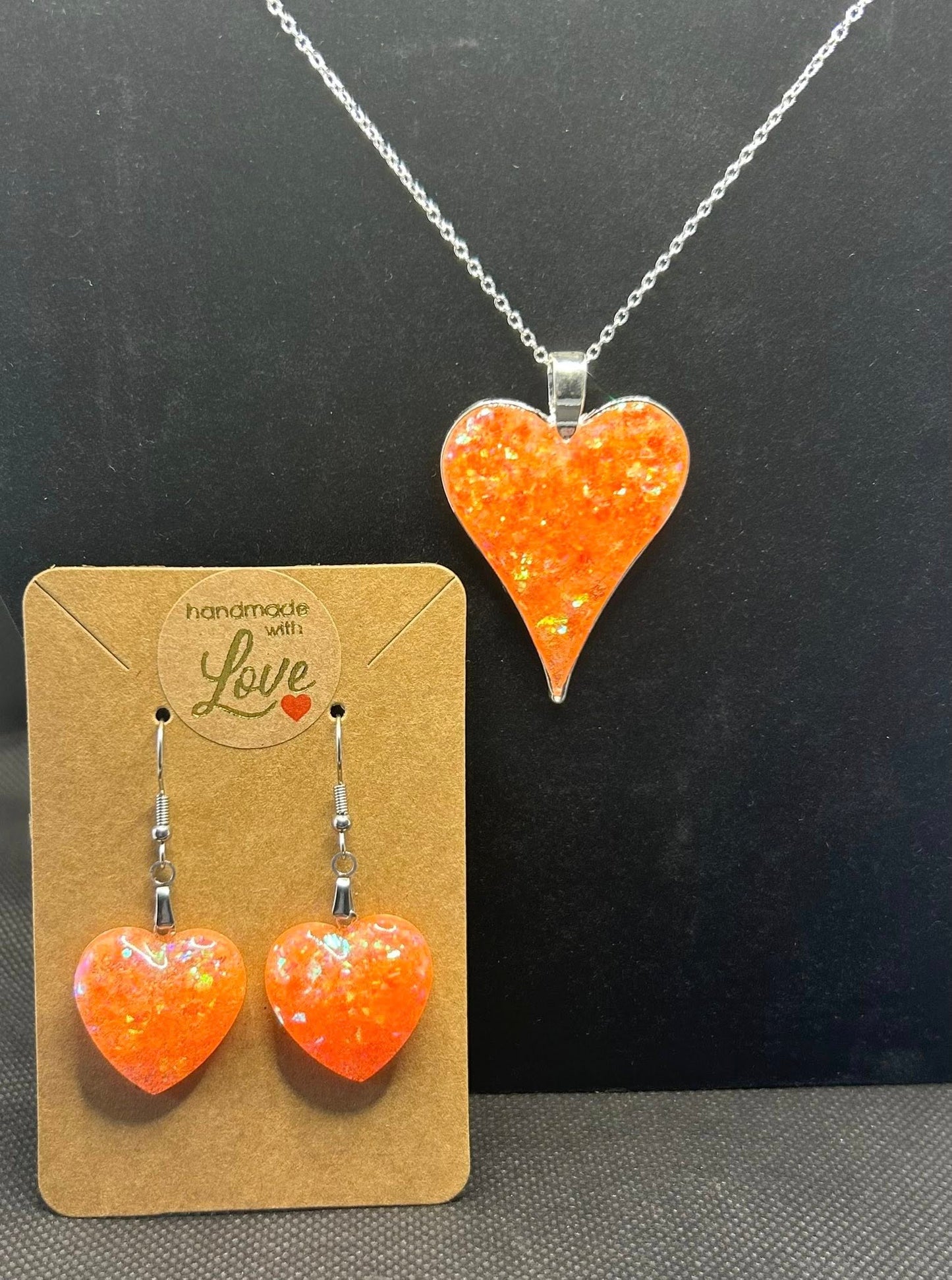 Large Heart Pendant and Earring set - Holographic Orange