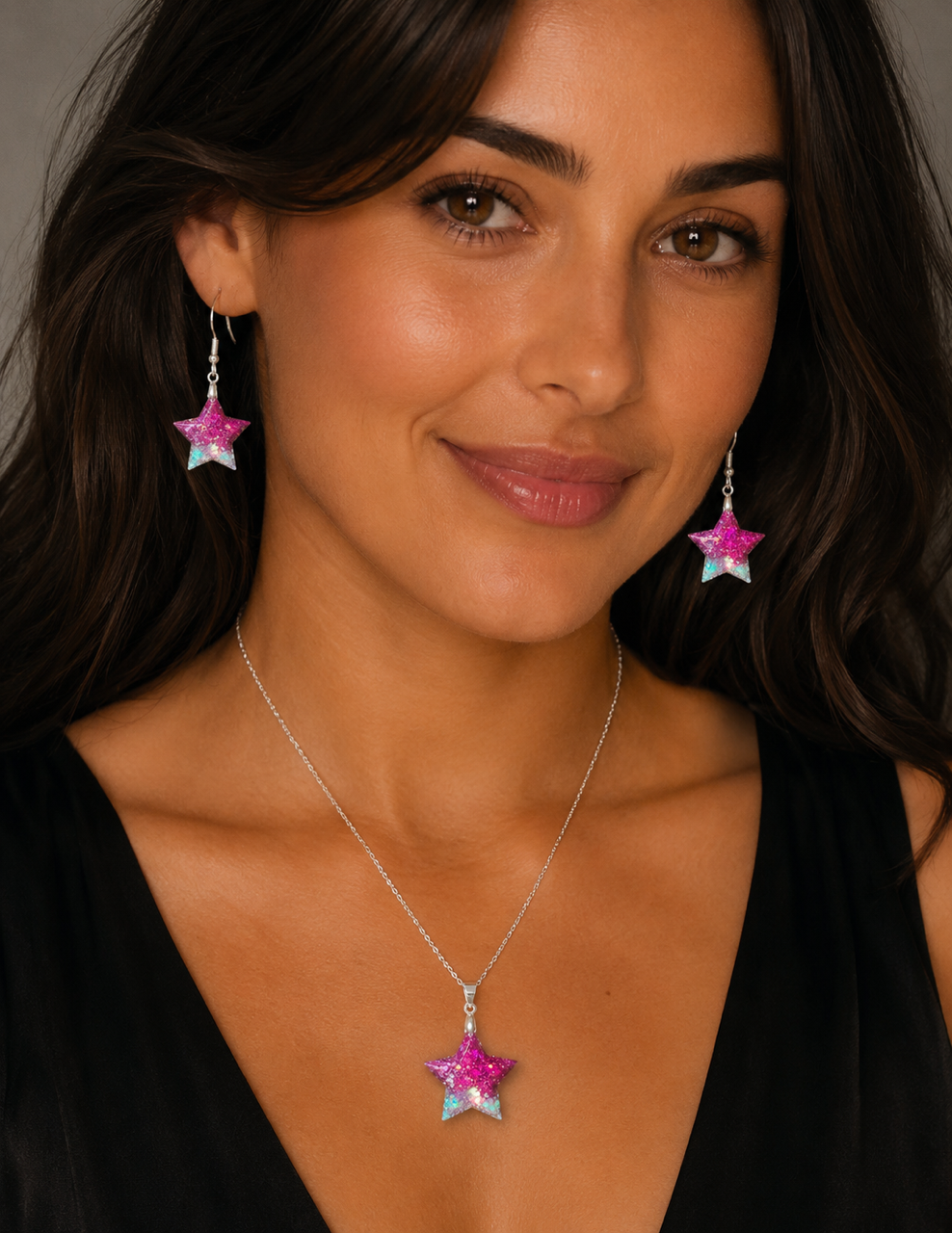 Star Pendant and Earring set - Pink/Cerise/White