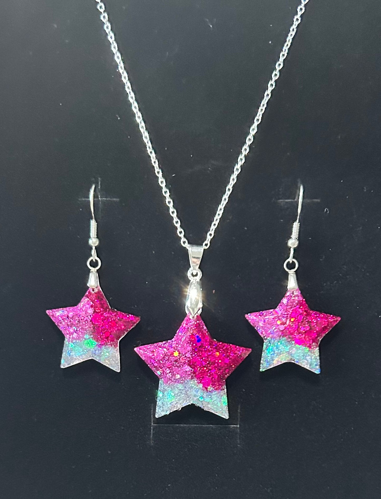 Star Pendant and Earring set - Pink/Cerise/White