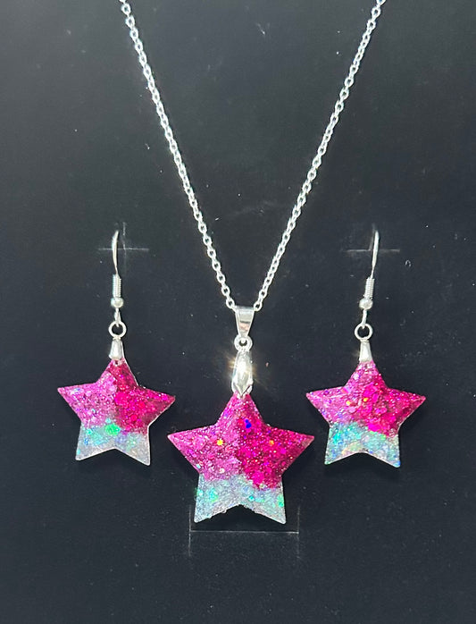 Star Pendant and Earring set - Pink/Cerise/White