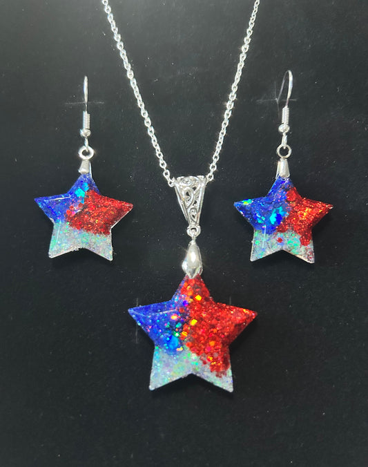 Star Pendant and Earring set - Red/White/Blue