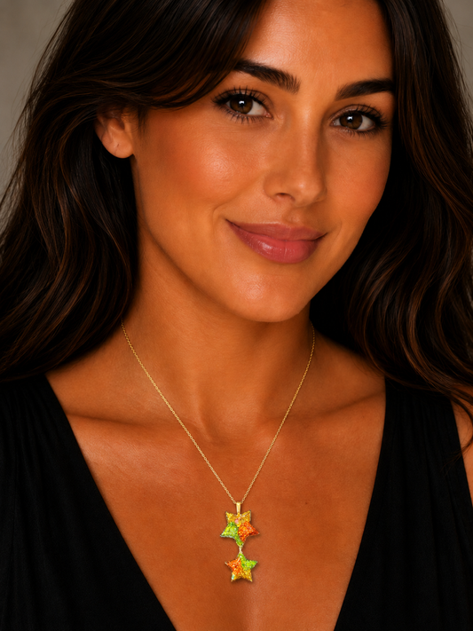 Tri-Glitter Star Duo Pendant - Orange/Green/Gold