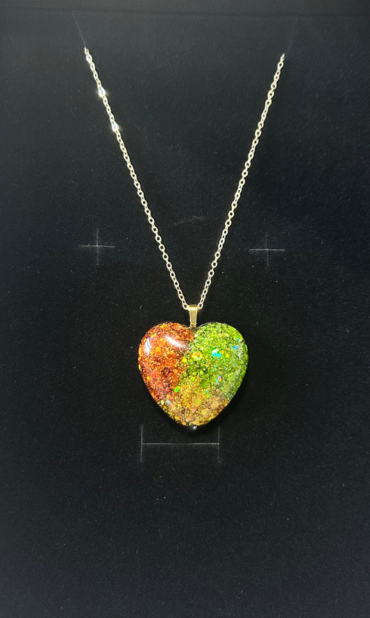 Tri-Glitter Heart Pendant - Orange/Green/Gold