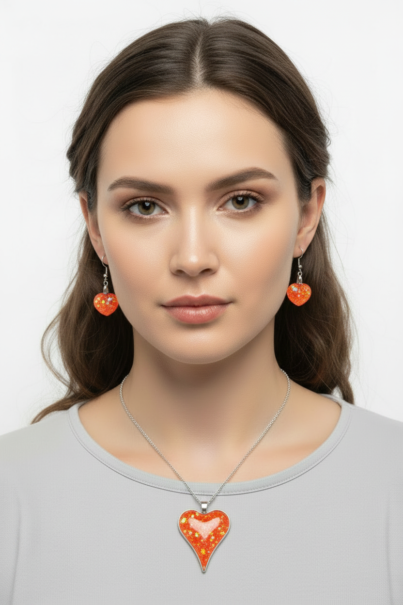 Orange glitter heart set on model - much smaller earrings