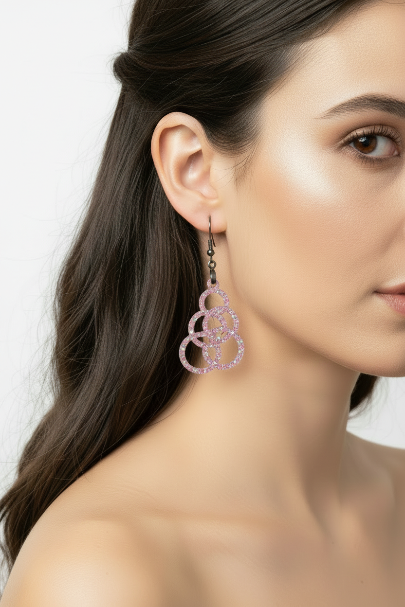 Pink glitter trefoil earrings on model - smaller again