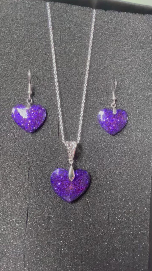 Medium Faceted Heart Pendant and Earring set - Holographic Purple